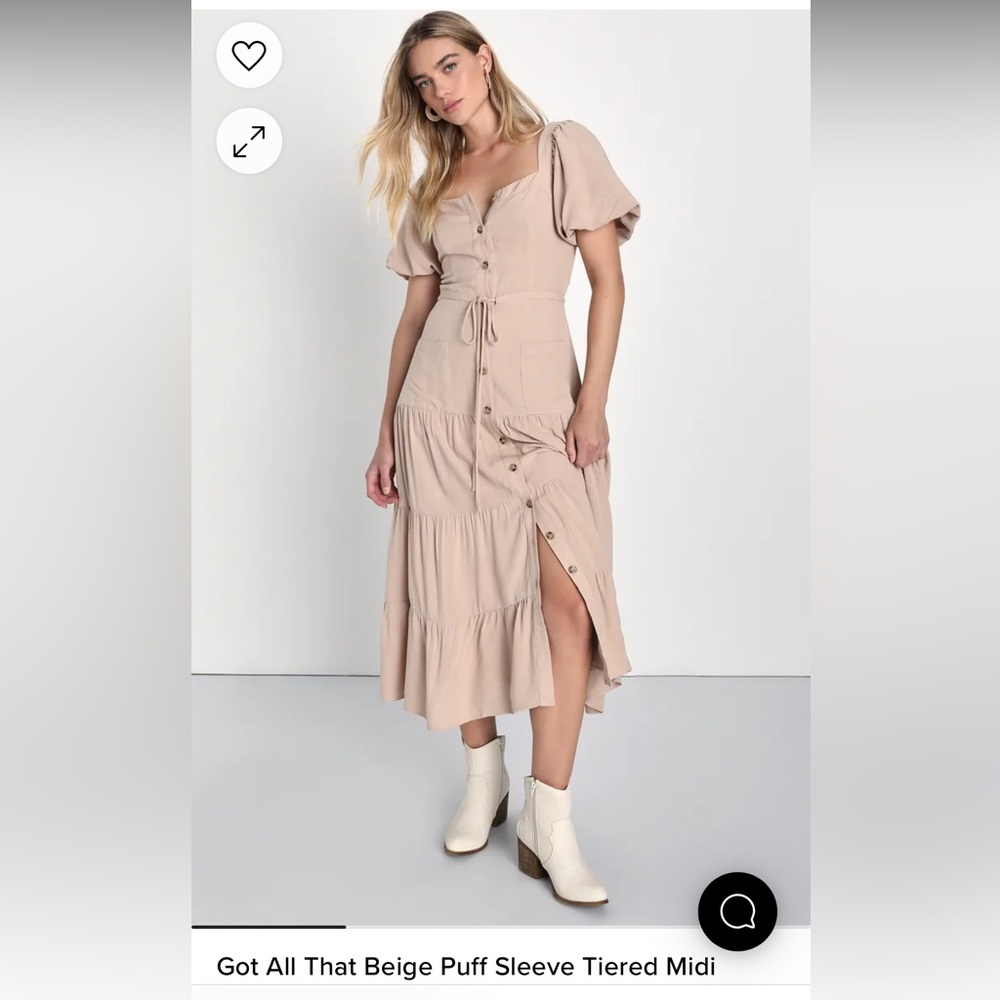 Lulu’s Got All That Beige Puff Sleeve Tiered milkmaid Midi Dress With Pockets